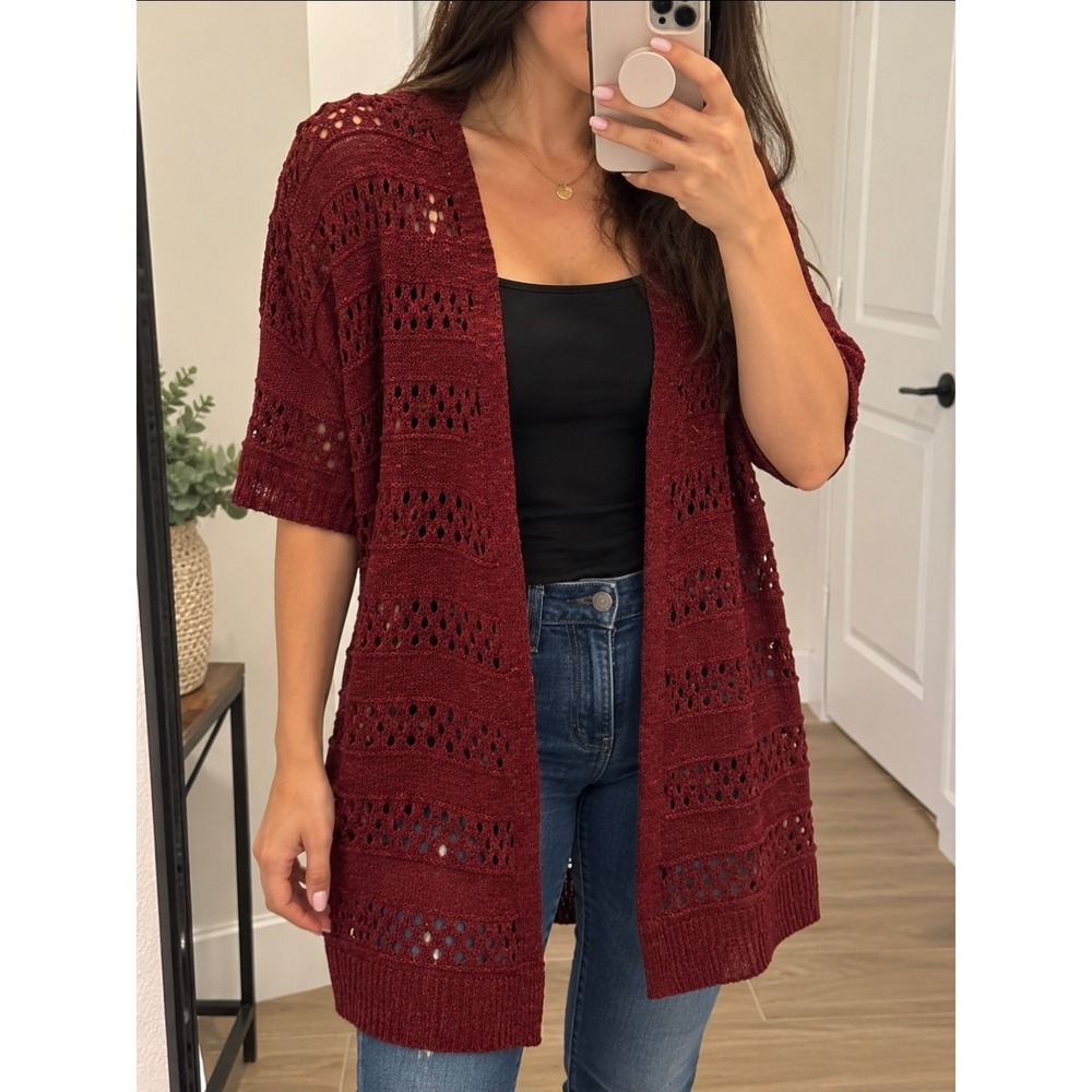 Zeagoo Women Burgundy Pointelle Open Knit Short Sleeve Oversized Cardigan S
